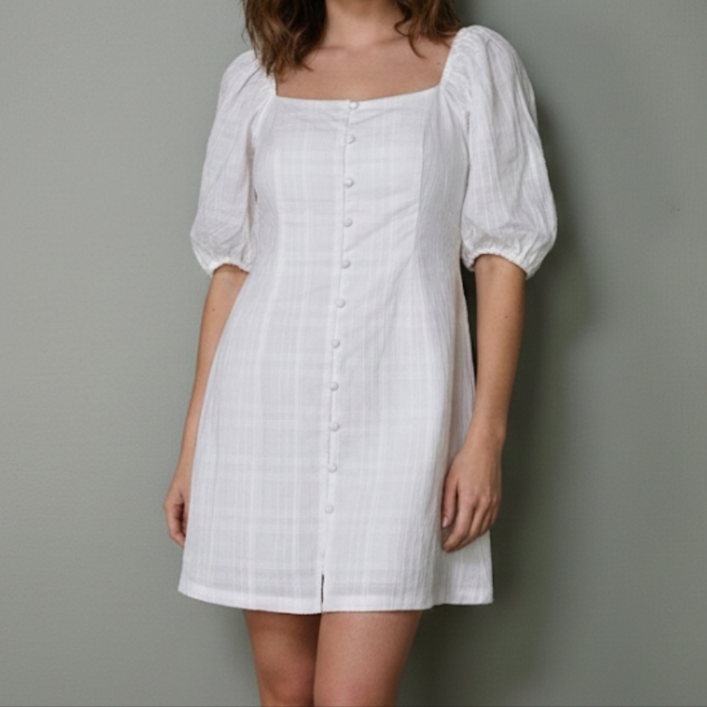 Square-Neck White Puff Sleeve Mini Dress